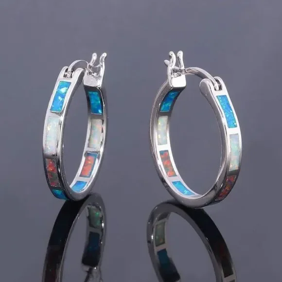 14K White Gold with Genuine Red White and Blue Fire Opal Round Hoop Earrings - Picture 2 of 4